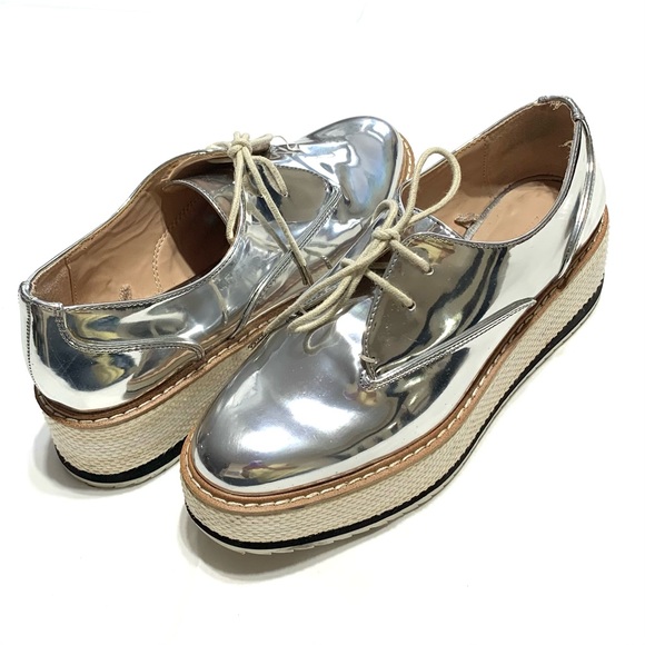 Zara Metallic Silver Platform Lace Up Shoes Size 37/US 6.5 - Picture 5 of 13